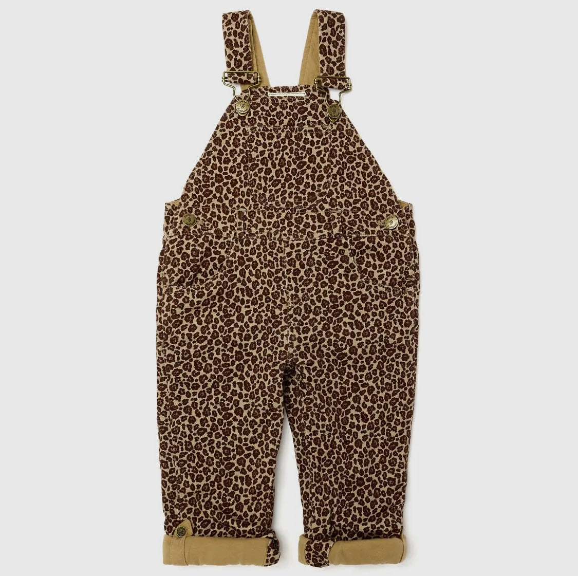 kids 100 % cotton dotty dungarees leopard brown tan animal print overalls adjustable straps rolled cuffs button cuffs