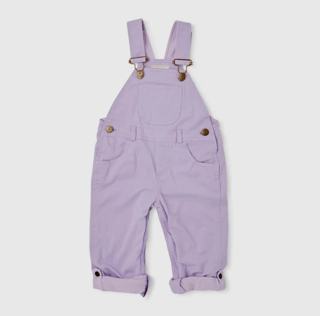 kids 100 % cotton dotty dungarees lavender purple lilac overalls adjustable straps rolled cuffs button cuffs
