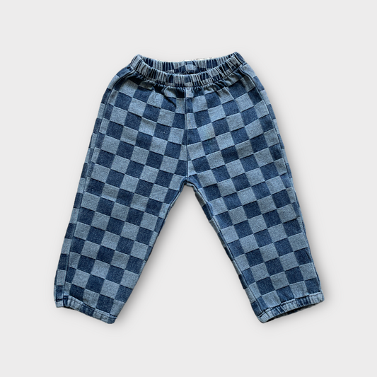 checkered denim kids jeans light dark combination elastic waist