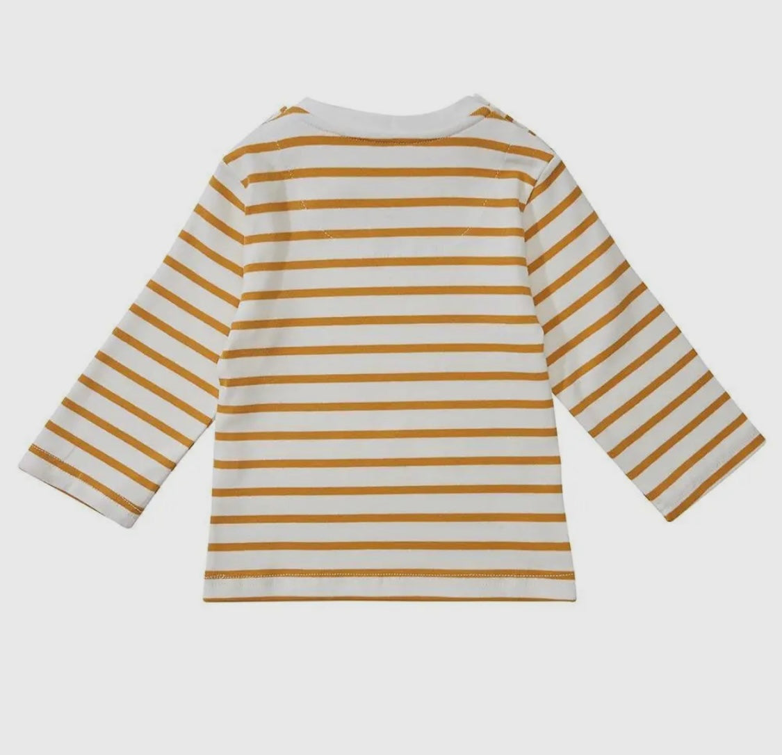 Kids dotty dungaree breton yellow ochre white stripes bold white collar cotton jersey mix shoulder poppers snaps