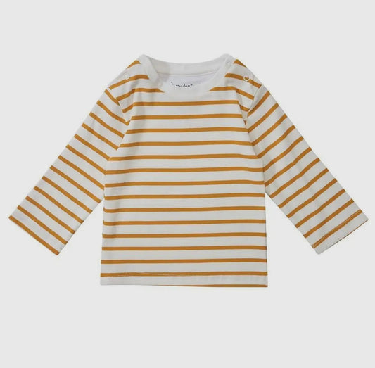 Kids dotty dungarees breton yellow ochre white stripes bold white collar cotton jersey mix shoulder poppers snaps