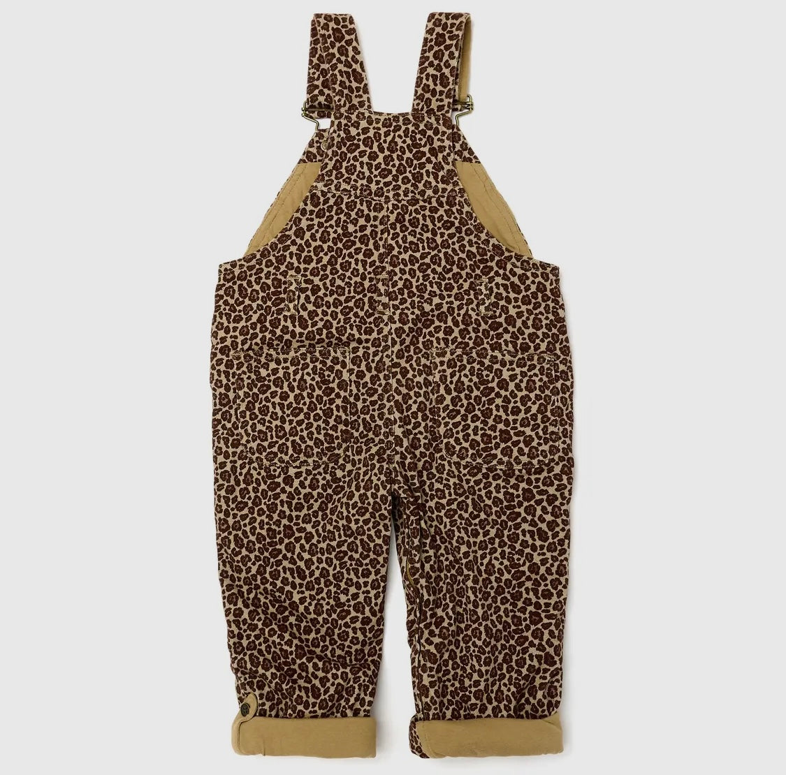 kids 100 % cotton dotty dungarees leopard brown tan animal print overalls adjustable straps rolled cuffs button cuffs back pockets