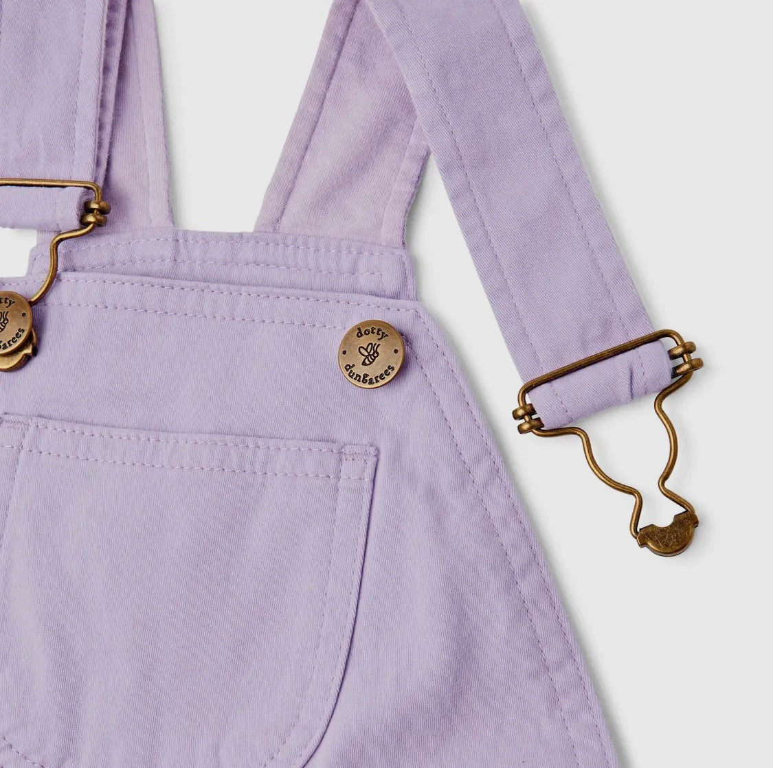 close up kids 100 % cotton dotty dungarees lavender purple lilac overalls adjustable straps chest pocket
