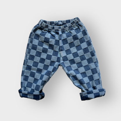 kids combination denim checkered jeans rolled elastic waist