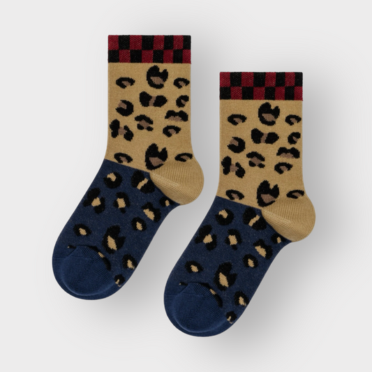 navy tan maroon checkered detail leopard kids crew socks
