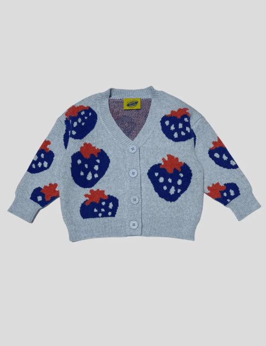 kids soft light blue cardigan with dark blue strawberries buttons ribbed cuffs