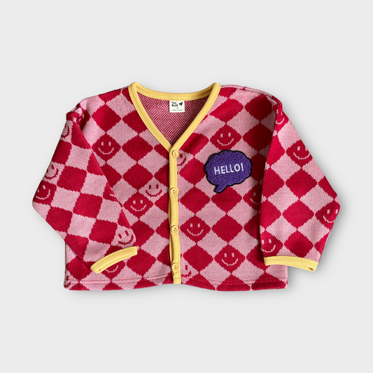 front view kids red checkered smiley cardigan yellow detail piping purple hello patch