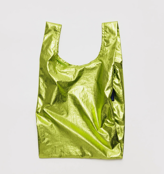 shiny metallic bright green reusable bag mini small  baby baggu 100% recycled nylon 