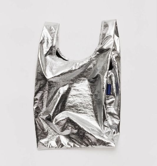 shiny metallic sliver reflective reusable bag mini small baby baggu 100% recycled nylon 