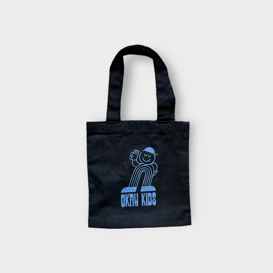 small eight inch kids tote bag blue okay kids logo front black