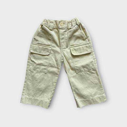 front view muted yellow toddler pocket pants elastic waist