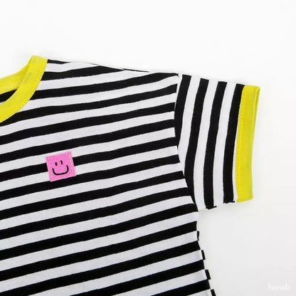 shoulder sleeve view kids black striped tee yellow details pink smiley patch