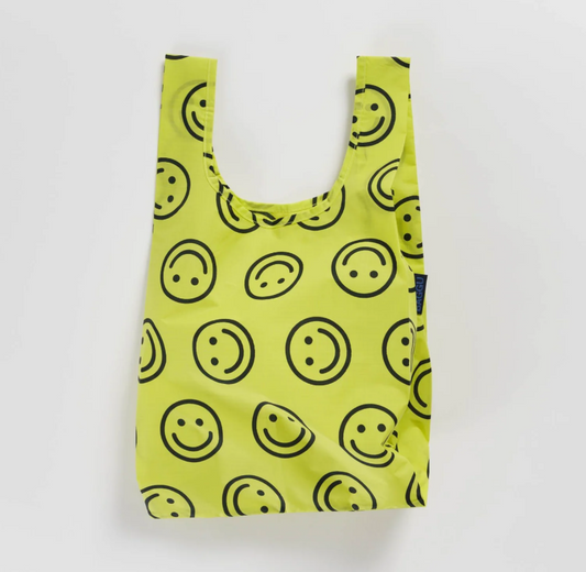 bright yellow smiley face reusable bag mini small baby baggu 100% recycled nylon 
